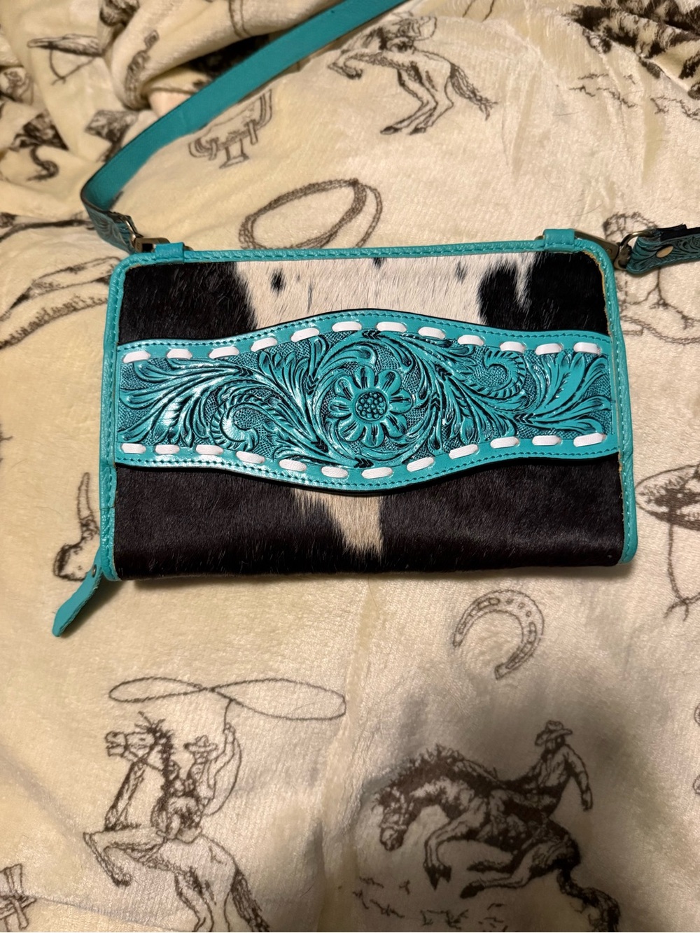 Turquoise Tooled Leather & Black-White Haircalf Wristlet